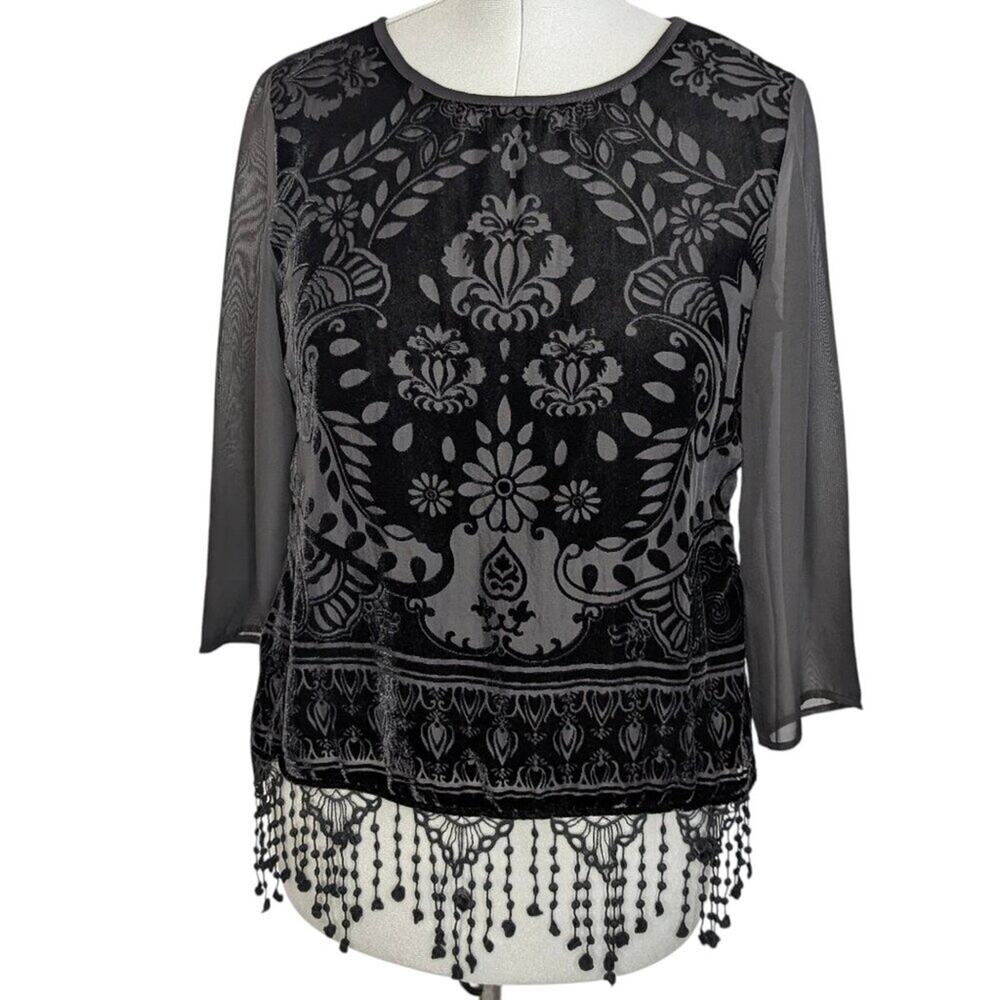 Chico's black burn-out velvet top, front hem fringe, size M/8, Festive, Evening